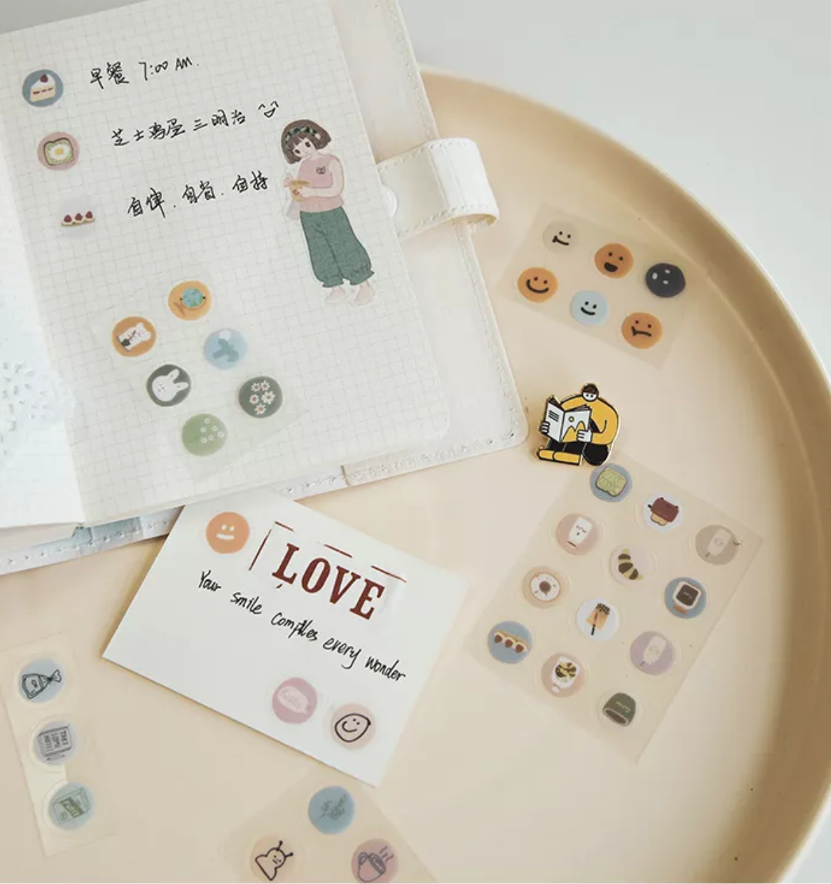 Set 57 sticker icon tròn dễ thương, miếng dán biểu cảm/ đồ ăn/ đồ tiện ích -vpp Tue Minh