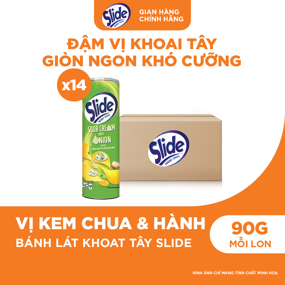Thùng 14 Lon Bánh Lát Snack Khoai Tây Slide Vị Kem Chua  Hành 90g