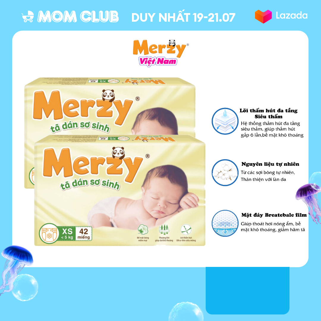 Tã dán sơ sinh Merzy XS 42 miếng, tã em bé dưới 5kg bỉm em bé sơ sinh mềm mại