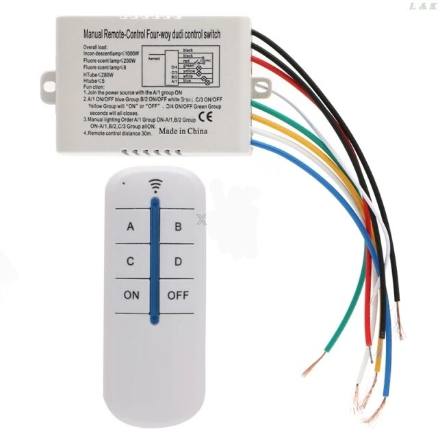 HN.Đèn. Công tắc điều khiển từ xa RF1.2.3. 4 cổng Tính năng Công tắc đèn điều khiển từ xa không dây sóng RF 100% thương hiệu mới và chất lượng cao. Dễ dàng hoạt động có thể bật hoặc tắt toàn bộ mạch hay r