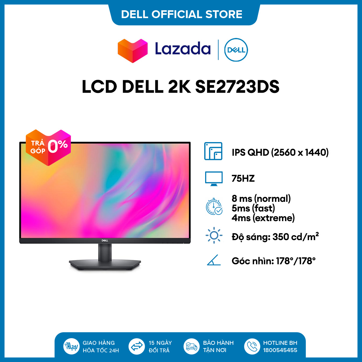 Màn hình dell se2723ds 27 inch 2k qhd ips 75hz ,trả góp 0%, giao hàng miễn phí