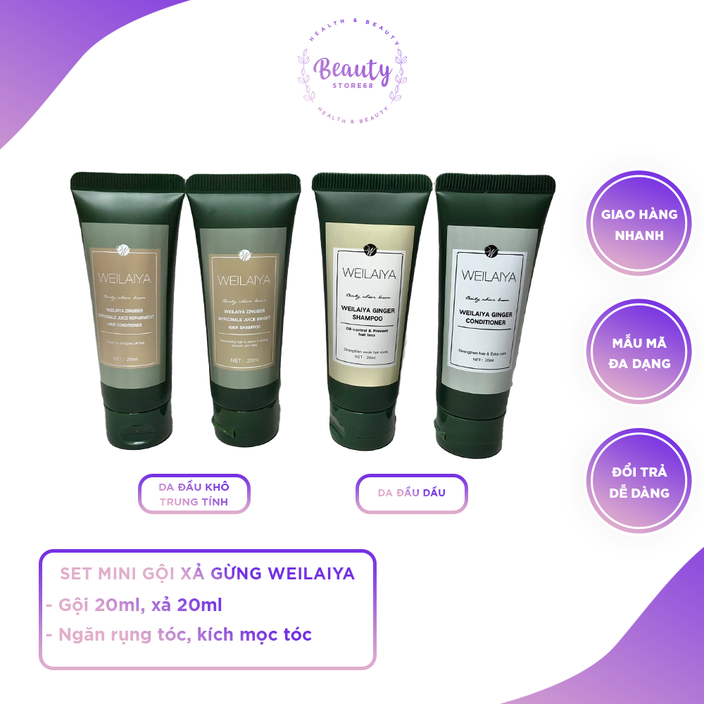 Set Gội xả Gừng Weilaiya Size Mini Gội 20ml Xả 20ml BS09 Ngăn Giảm Rụng, Kích Mọc Tóc - Beauty Store68