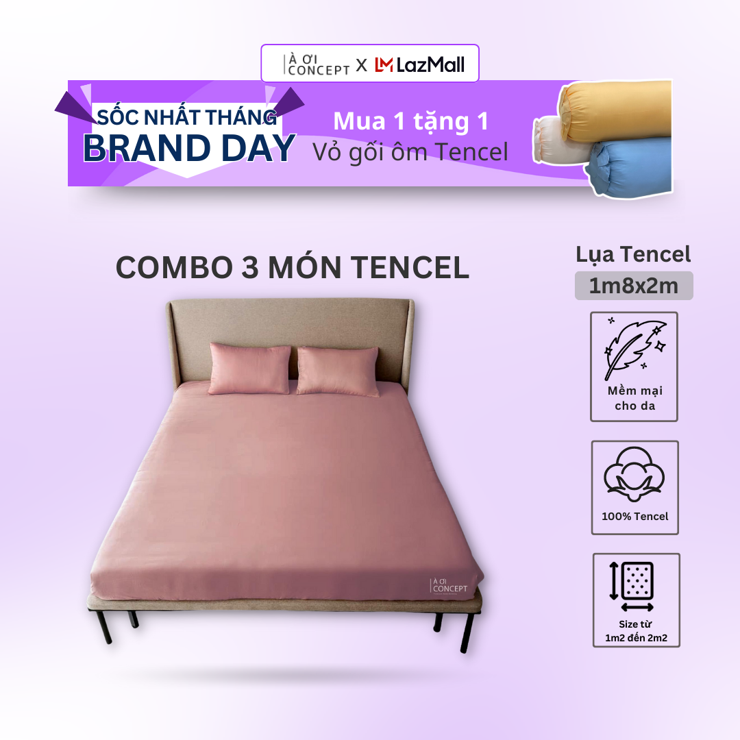 Combo 3 Món Lụa Tencel Ga Giường 1m8 x 2m và 2 vỏ gối nằm À Ơi Concept cao