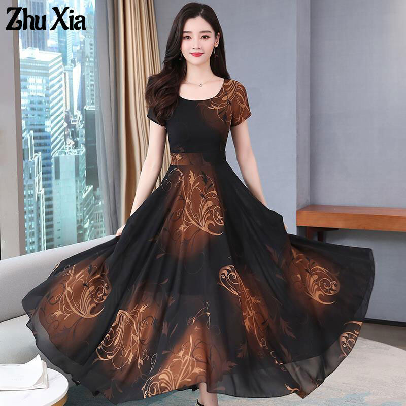 Zhu xia đầm cho nữ, váy xòe hoa lớn eo váy thêu chữ a cổ tròn tay ngắn trung niên cá tính