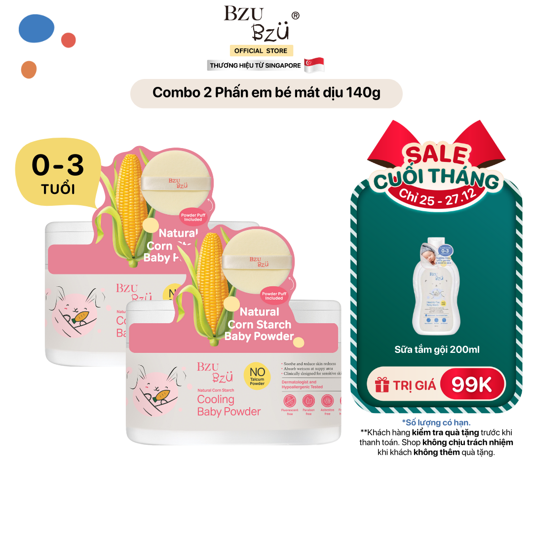 Combo 2 Hộp Phấn Em Bé Mát Dịu BZU BZU Hút Ẩm, Giảm Hăm Dành Cho Da Nhạy Cảm Baby Cooling Powder 140g