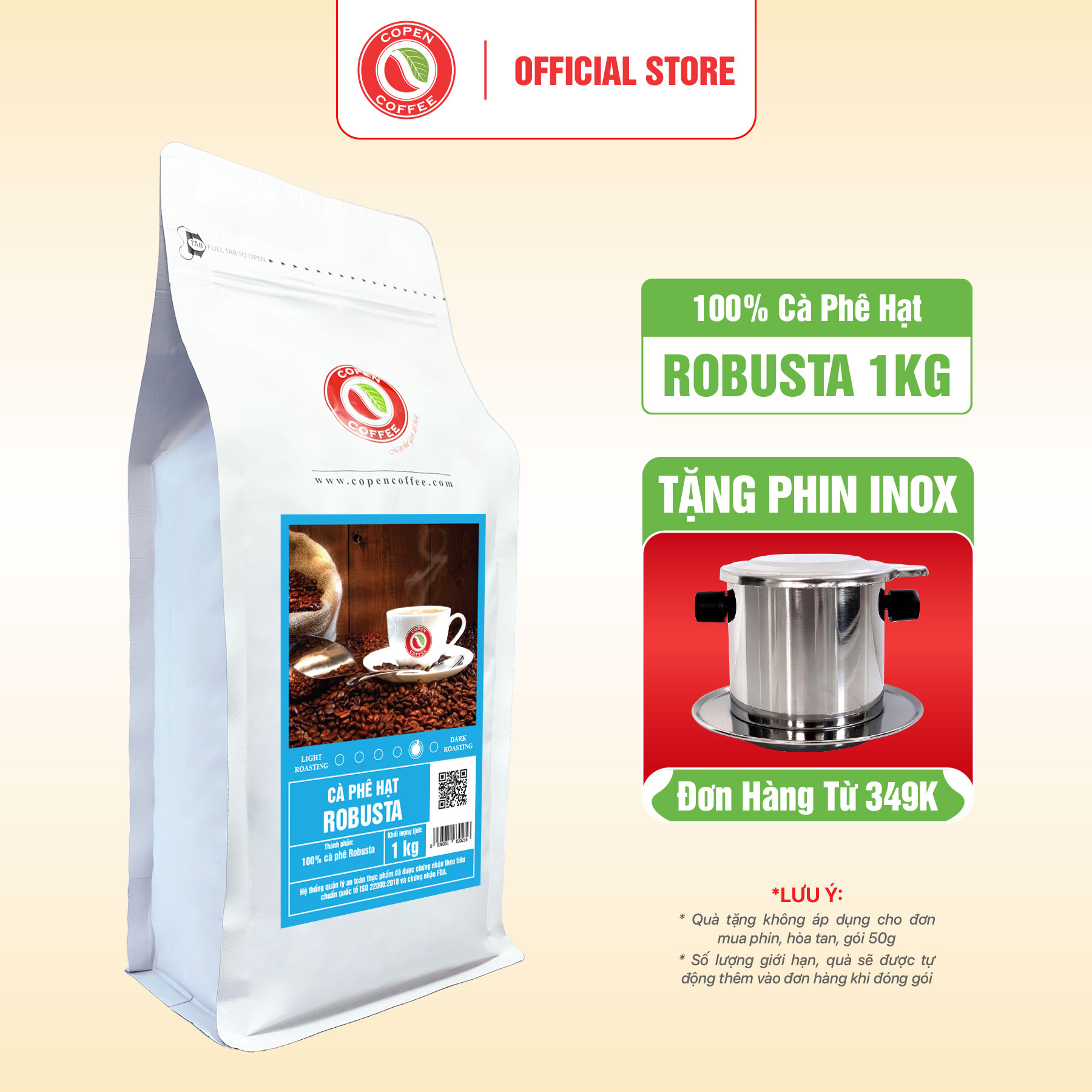 Cà phê hạt Robusta rang mộc nguyên chất - Copen Coffee 1KG/GÓI - Gu truyền thống pha phin đắng đậm, thơm nồng