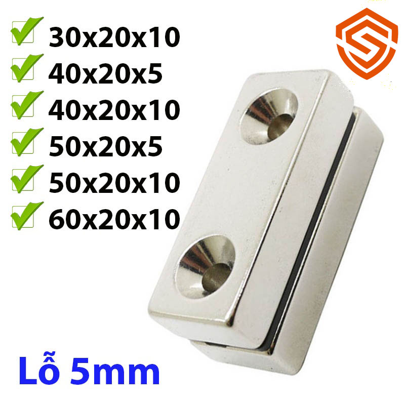 Nam châm đất hiếm hình chữ nhật loại 2 lỗ bắt vít lực hút siêu mạnh
