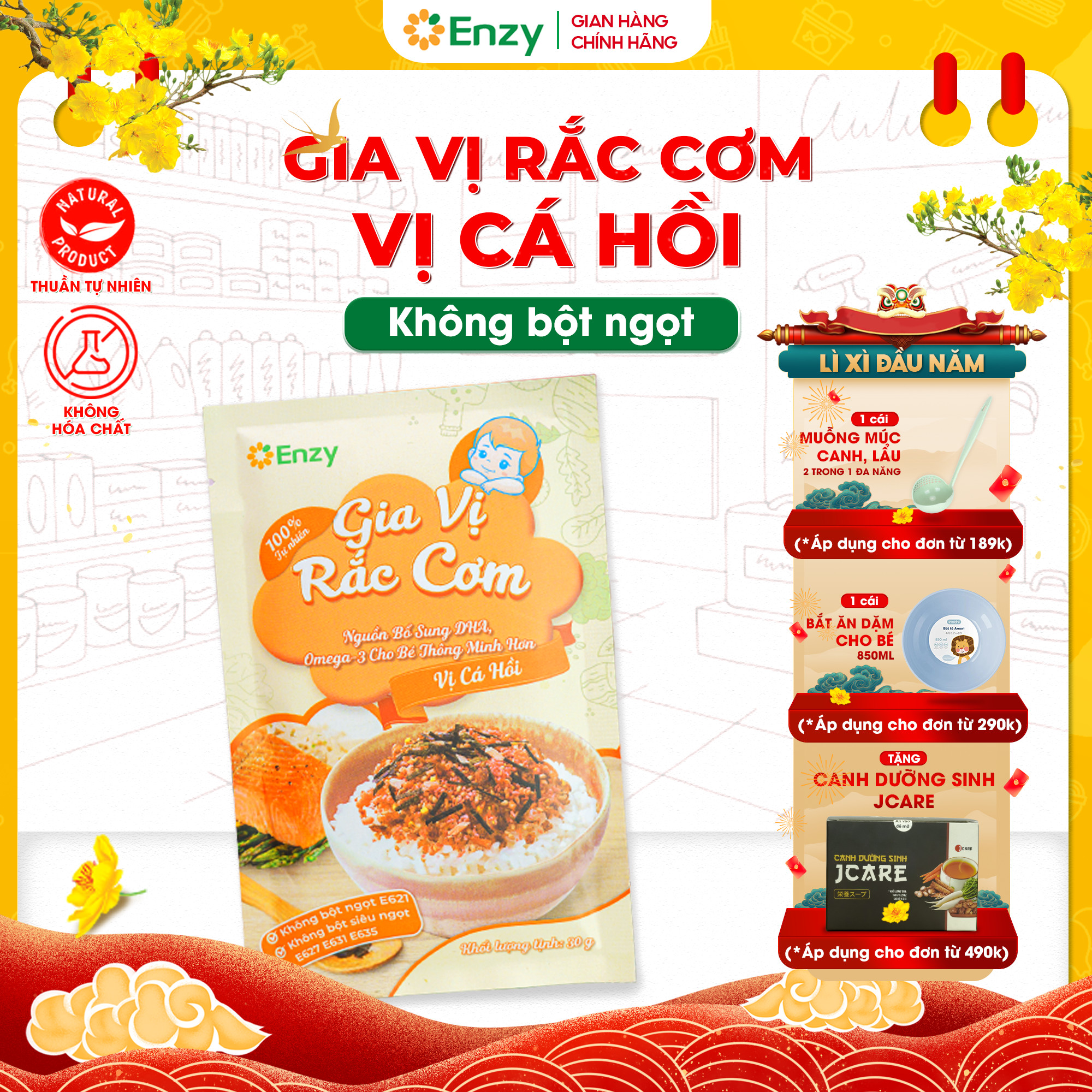 Gia vị rắc cơm enzy, gia vị rắc cơm cho bé, không bột ngọt, vị cá hồi, gói 30gr