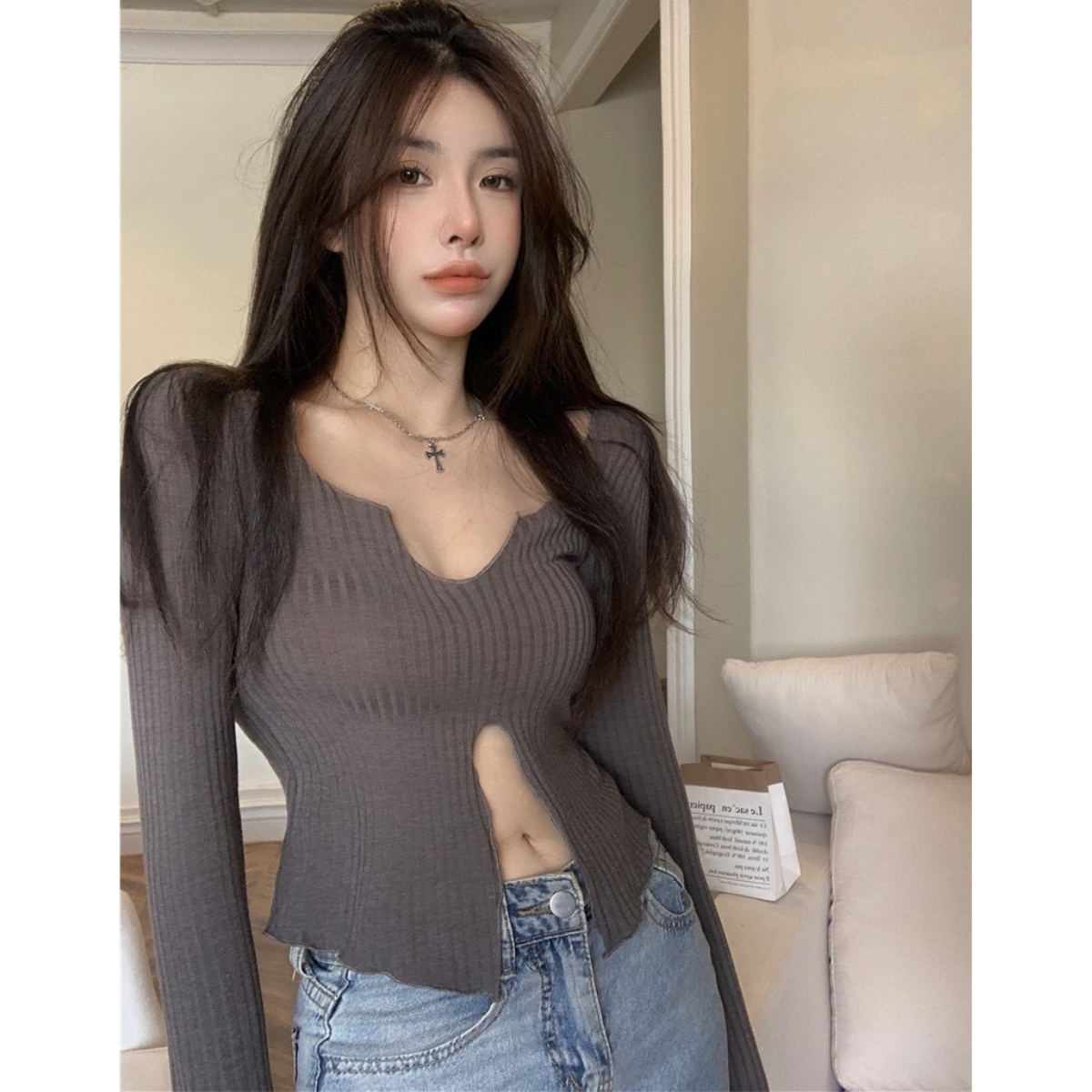 Áo croptop kiểu tay dài pinkstore29 viền cổ kiểu xẻ tà gợi cảm a5552