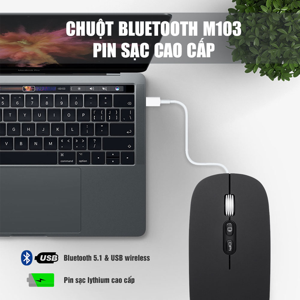 Chuột không dây gaming M103 pin sạc cao cấp - kết nối bluetooth / usb wireless - màu đen, sản phẩm phù hợp cho những ai sử dụng trong môi trường yên tĩnh, làm việc đêm khuya