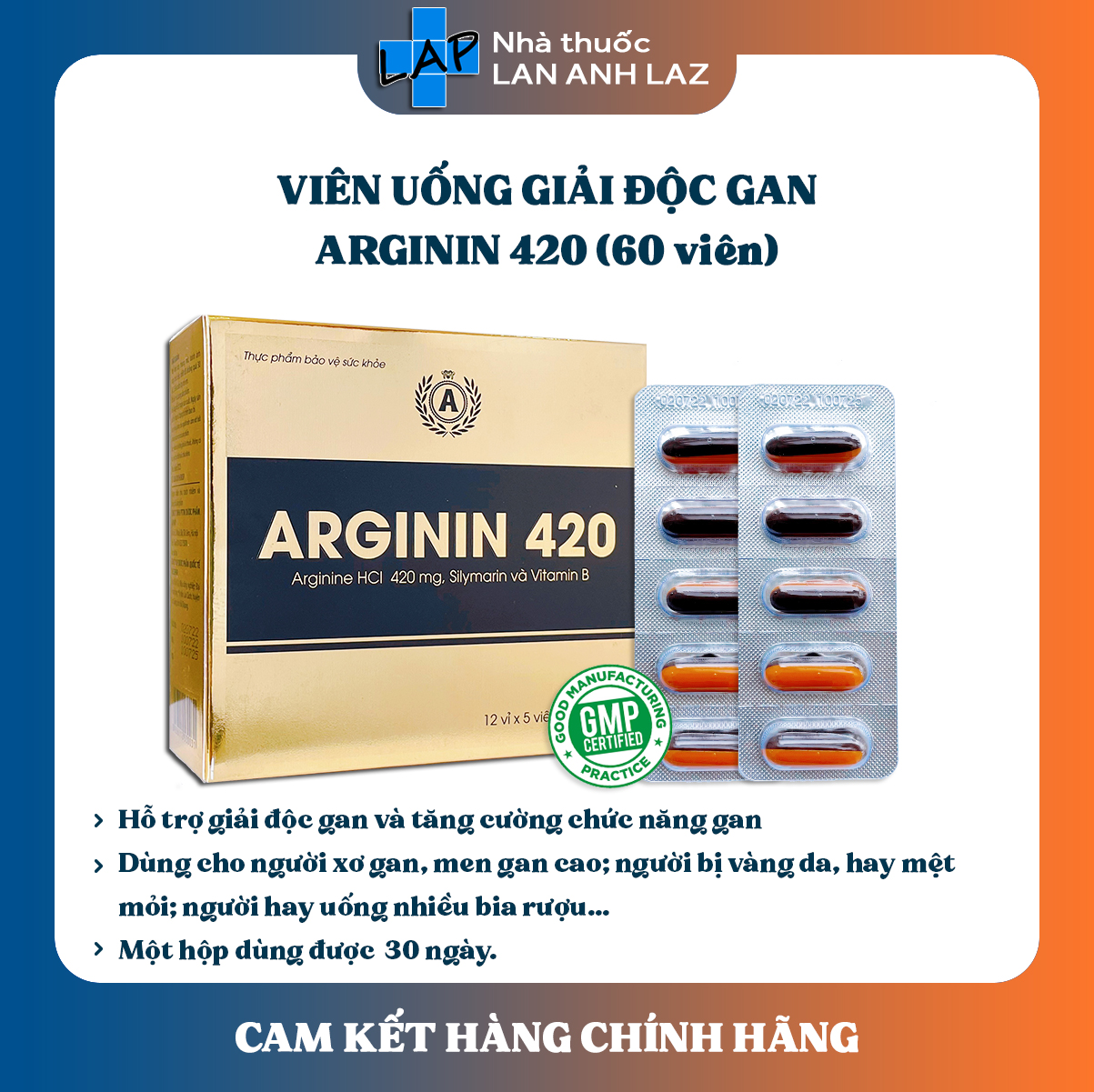 ARGININ 420 - Viên uống hỗ trợ bảo vệ gan, tăng cường chức năng gan.