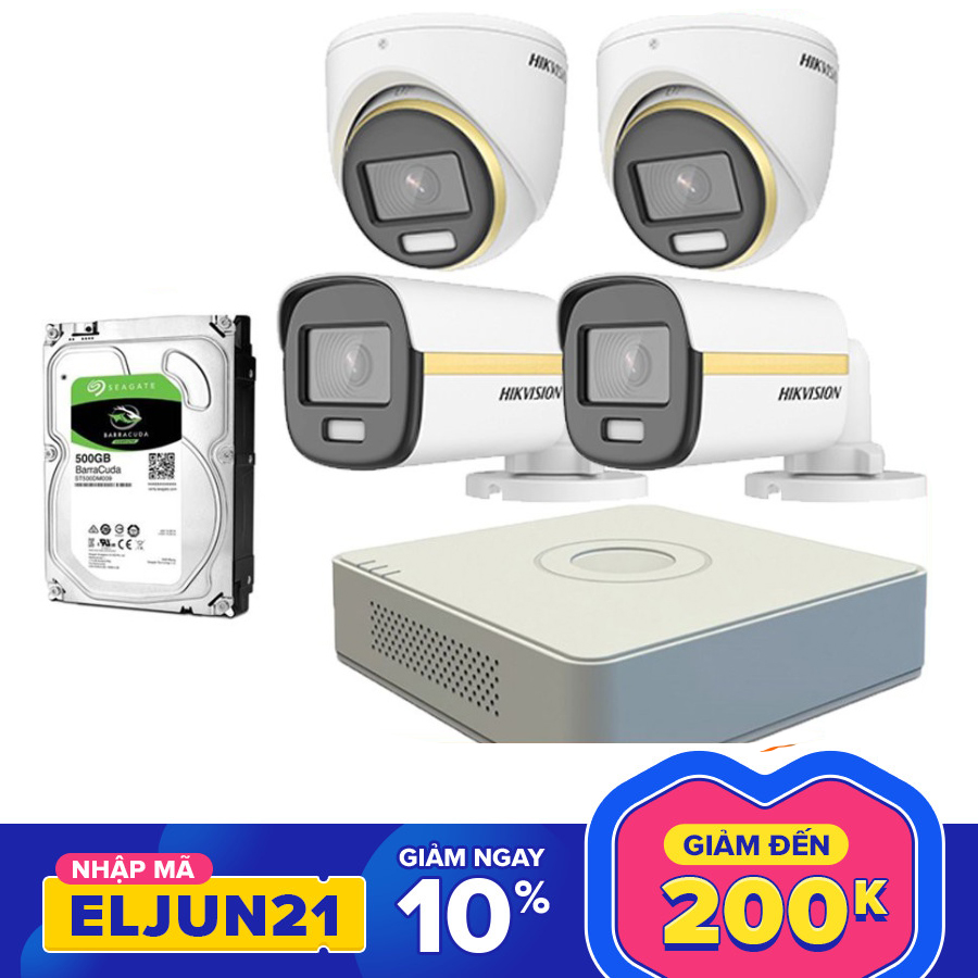 [Trả góp 0%][Siêu Phẩm bóng đêm] Trọn bộ 4 camera HIKVISON 1080P ban đêm có màu tích hợp mic thu âm - bảo hành 2 năm