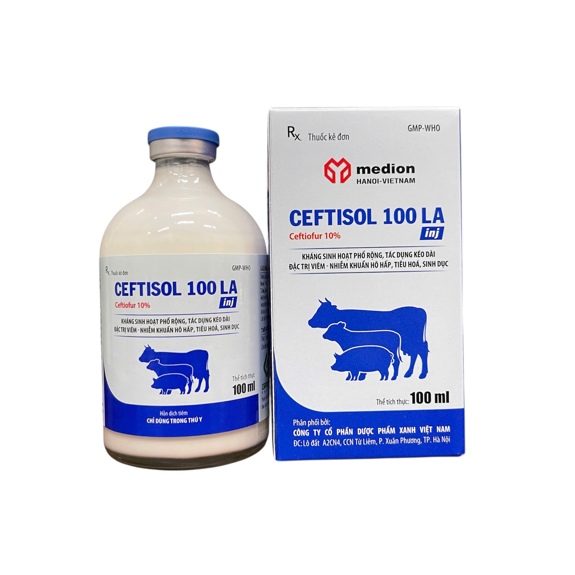 CEFTISOL 100 LA inj Đặc trị ho thở APP Glasser, đóng dấu thương hàn, viêm tử cung vú cho lợn trâu bò và chó mèo - Chai 100ml