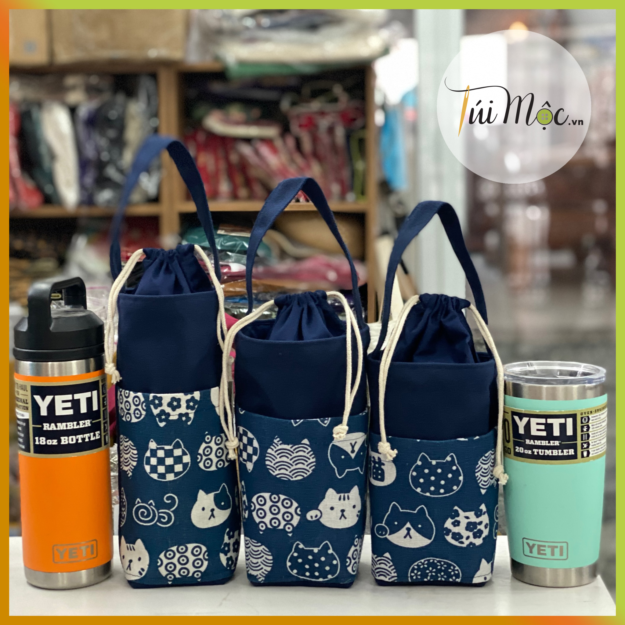 Túi đựng bình giữ nhiệt xanh navy - mèo xanh vải canvas 100% handmade tiện dụng