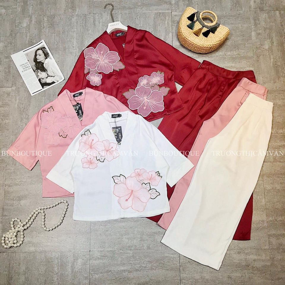 Set đồ lam đi chùa thêu hoa cao cấp