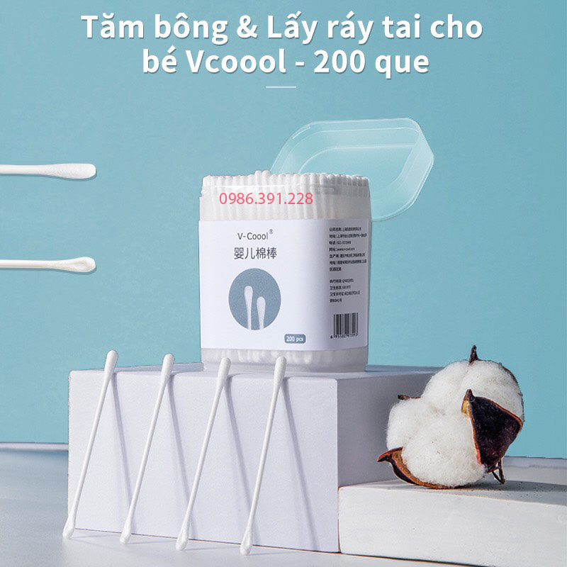 Tăm Bông Cho Bé Tăm Bông Vcool - Đầu Giọt Nước và 1 Đầu Phễu 200 chiếc
