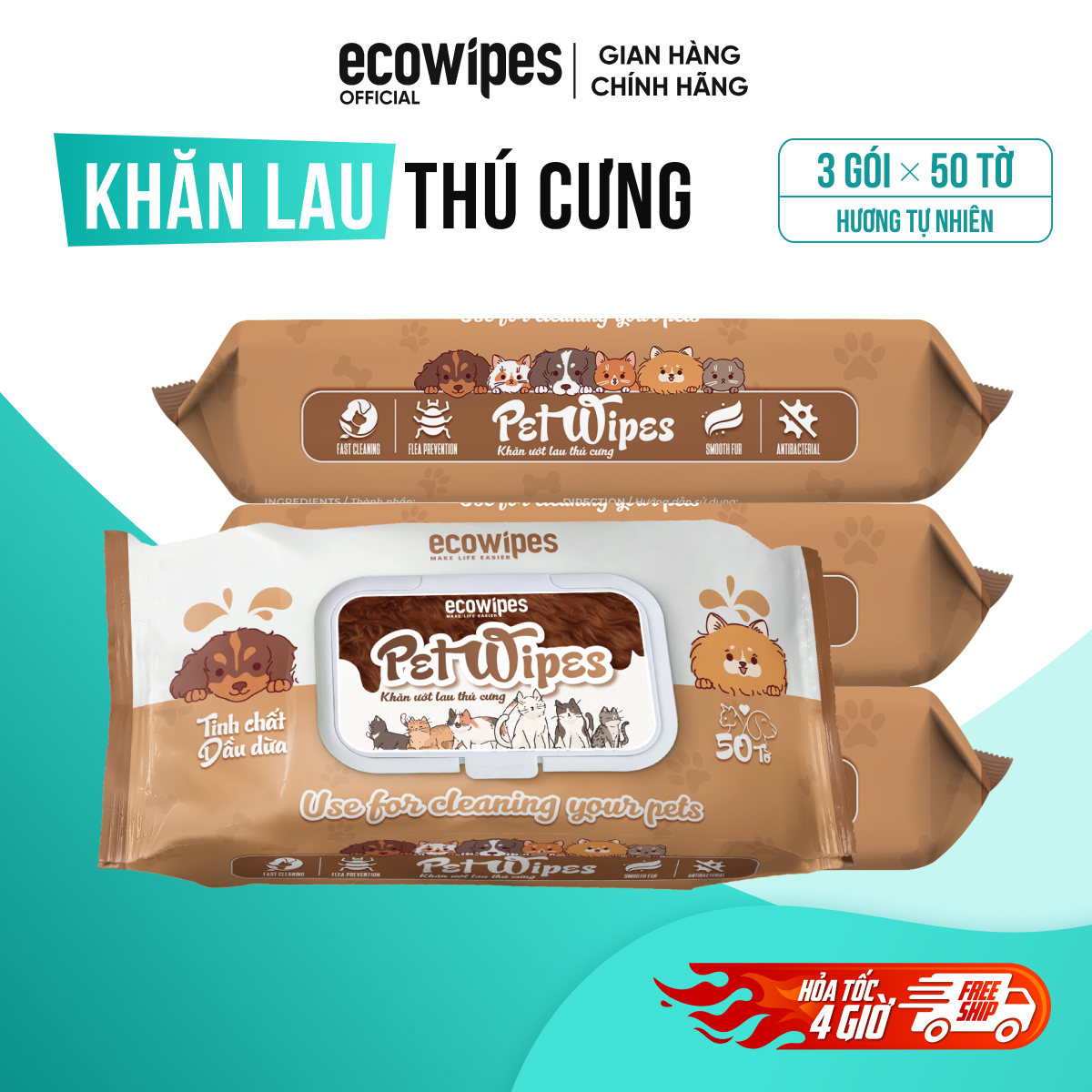 Combo 03 gói khăn ướt vệ sinh thú cưng Pet Wipes gói 50 tờ mùi hương tự nhiên vừa làm sạch khử mùi cho chó mèo