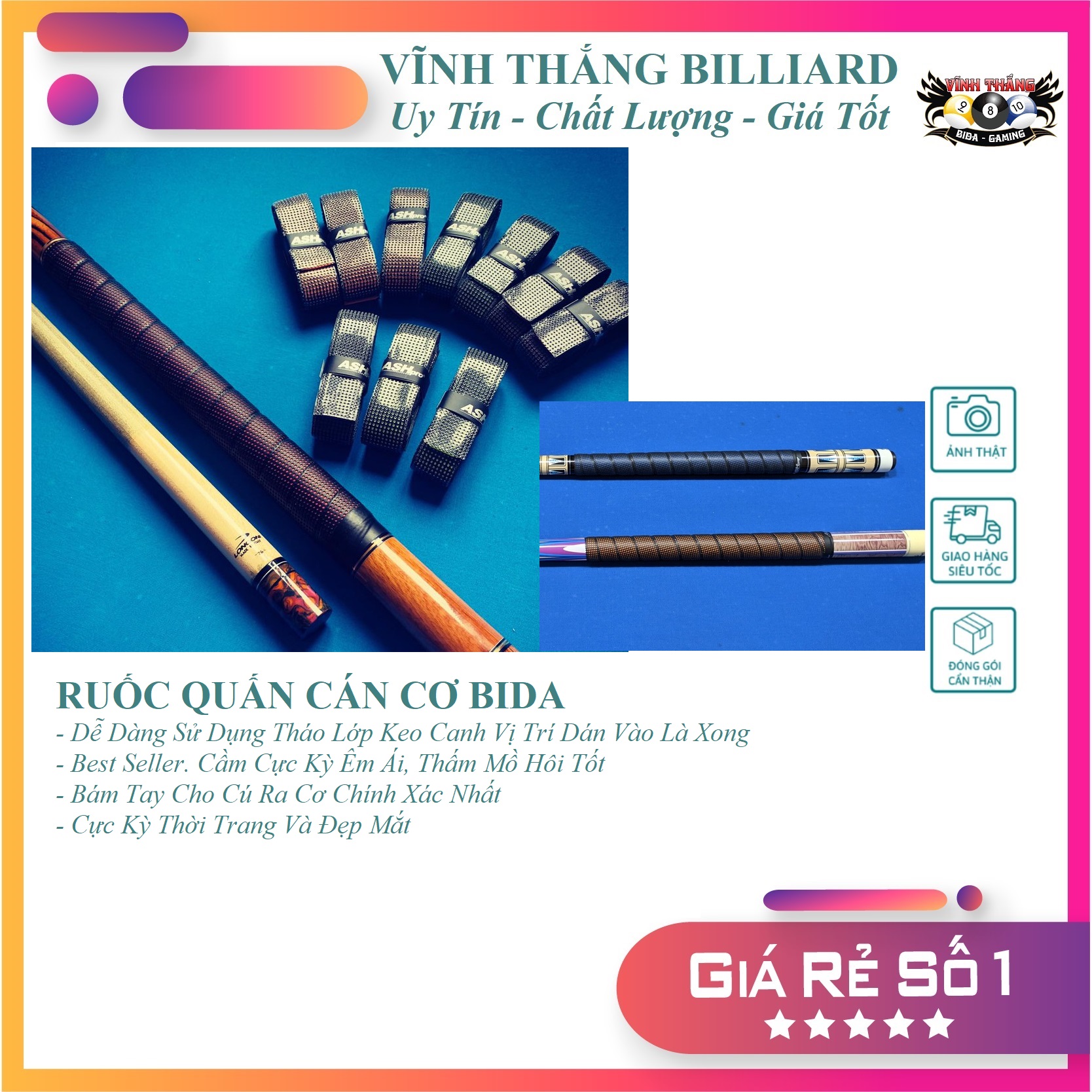 Ruốc Quấn Cơ Bida 3D - Ruốc Cơ Bida Êm, Chống Mồ Hôi Và Bám Tay - Cầm Bao Sướng (Mẫu Mới Nhất Siêu Đẹp Thời Trang)