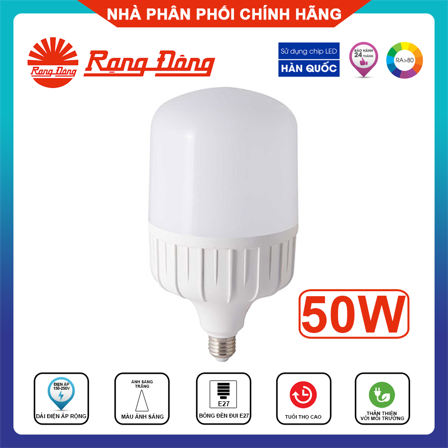 Rạng đông, bh 2 năm, bóng đèn led bulb trụ tr140n1/50w e27 6500k, hàng việt nam, chất lượng cao