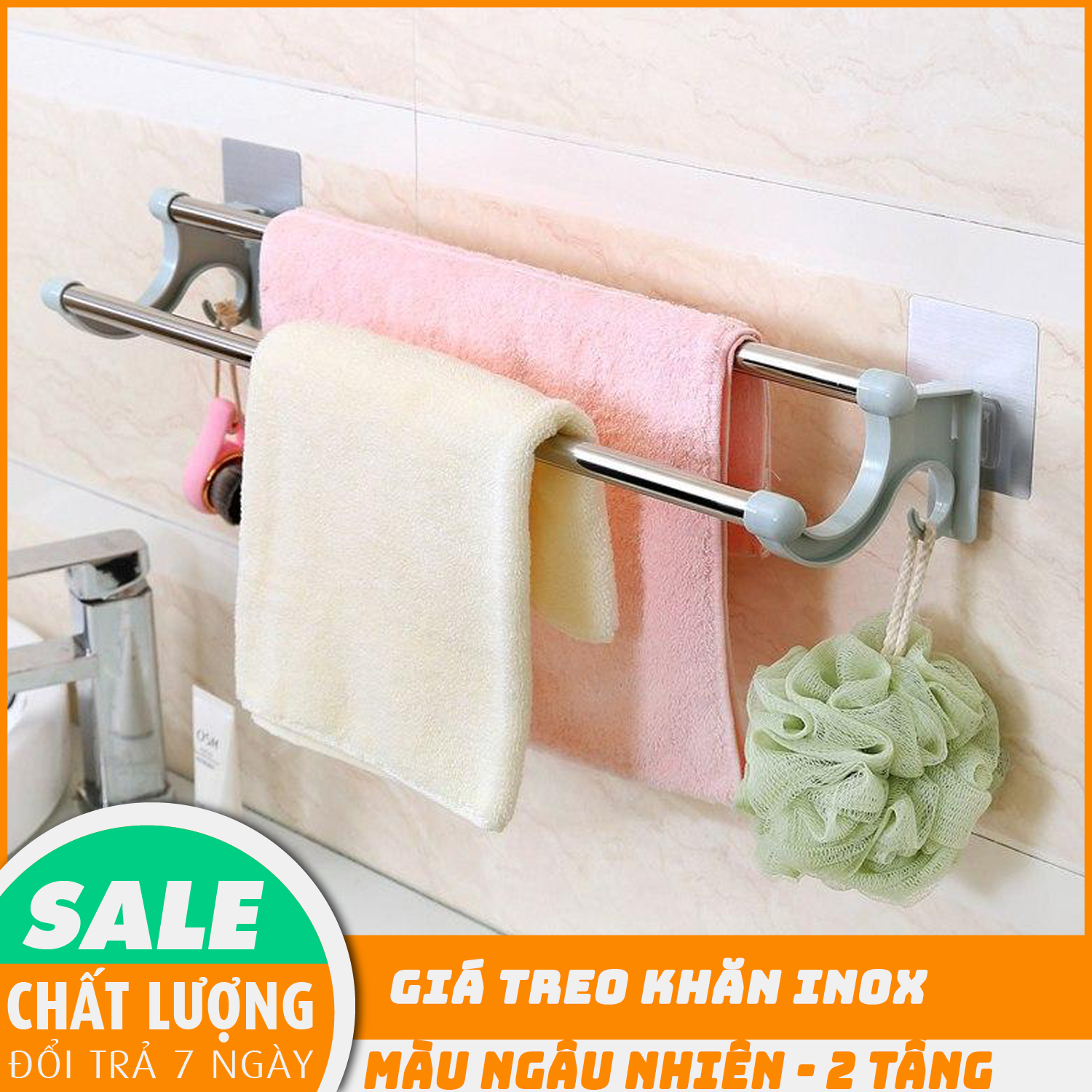 Giá treo khăn Inox, Giá treo khăn, giá treo khăn mặt dán chân không, giá treo khăn đôi, 2 thanh Inox dán tường