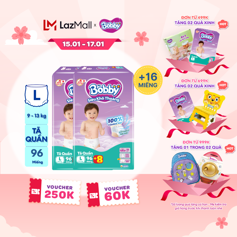 [CHỈ 20H 15-17.01 QUÀ TẶNG ĐH 499K]  [TẶNG THÊM 16 MIẾNG] Combo 2 Tã/bỉm quần Bobby 3mm Mega Jumbo Gạo non Giảm nhiệt L96