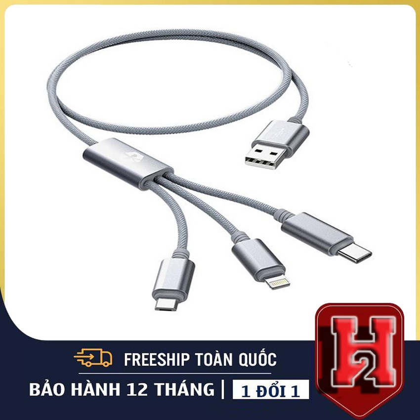 Cáp Sạc 3 đầu 3 Trong 1 Cổng USB VN01-Lightning Dành Cho Iphone-Đầu USB Type C Cho Samsung-Đầu Micro USB Cho Hầu Hết Điện Thoại