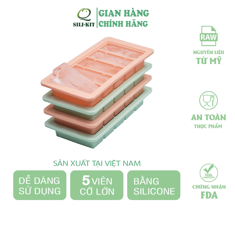 Khay làm đá silicone SILIKIT 5 ngăn cỡ lớn, khay đá uống bia, khuôn rau câu, khuôn làm bánh, khay trữ đông đa năng