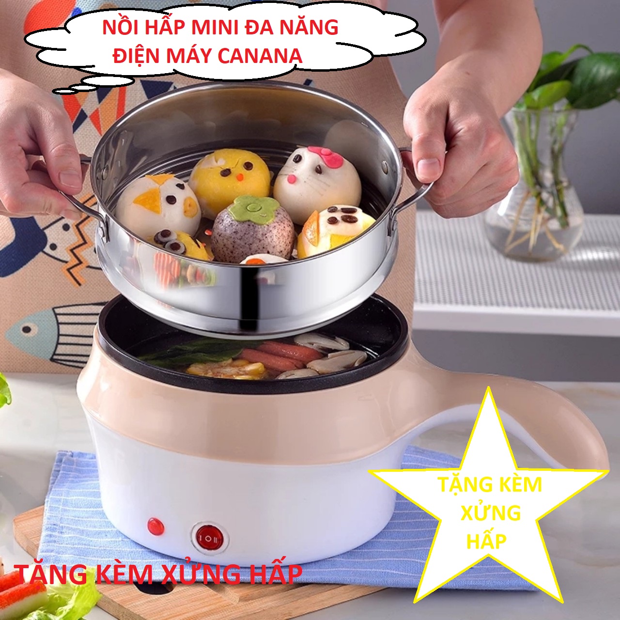 TẶNG KÈM VỈ HẤP - NỒI 2 CHẾ ĐỘ - Nồi điện mini đa năng - Nồi điện hấp mini có tay cầm, nồi đa năng