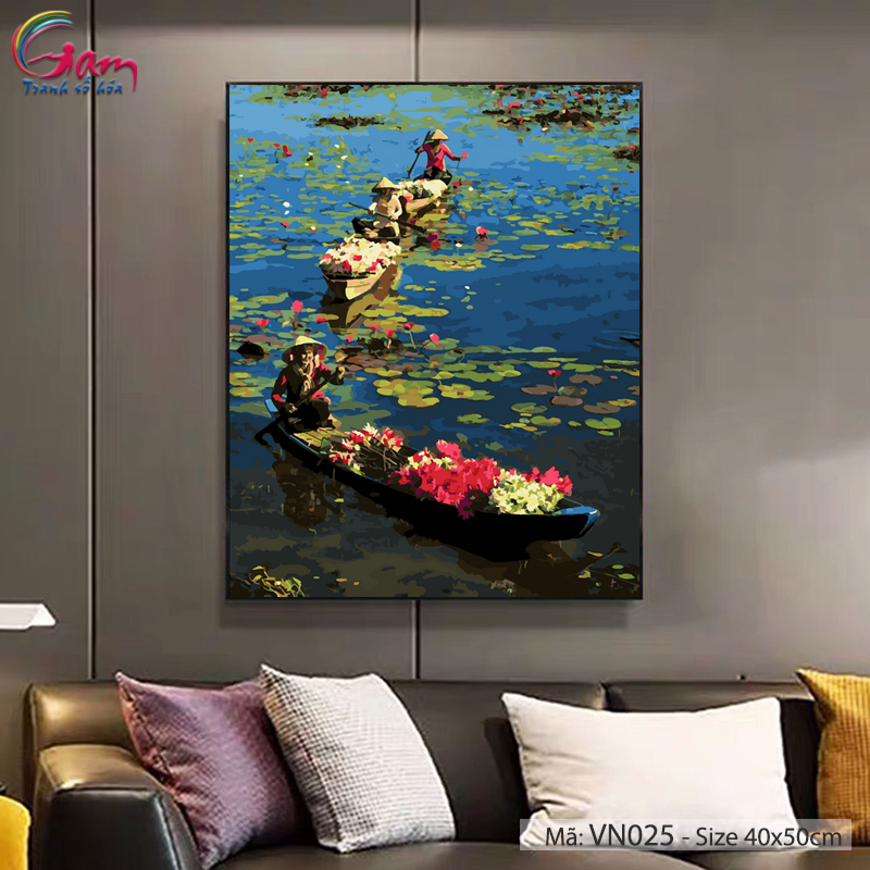 Tranh tô màu theo số sơn dầu số hóa Gam Tranh phong cảnh làng quê Việt Nam  Sông hoa VN012  Lazadavn