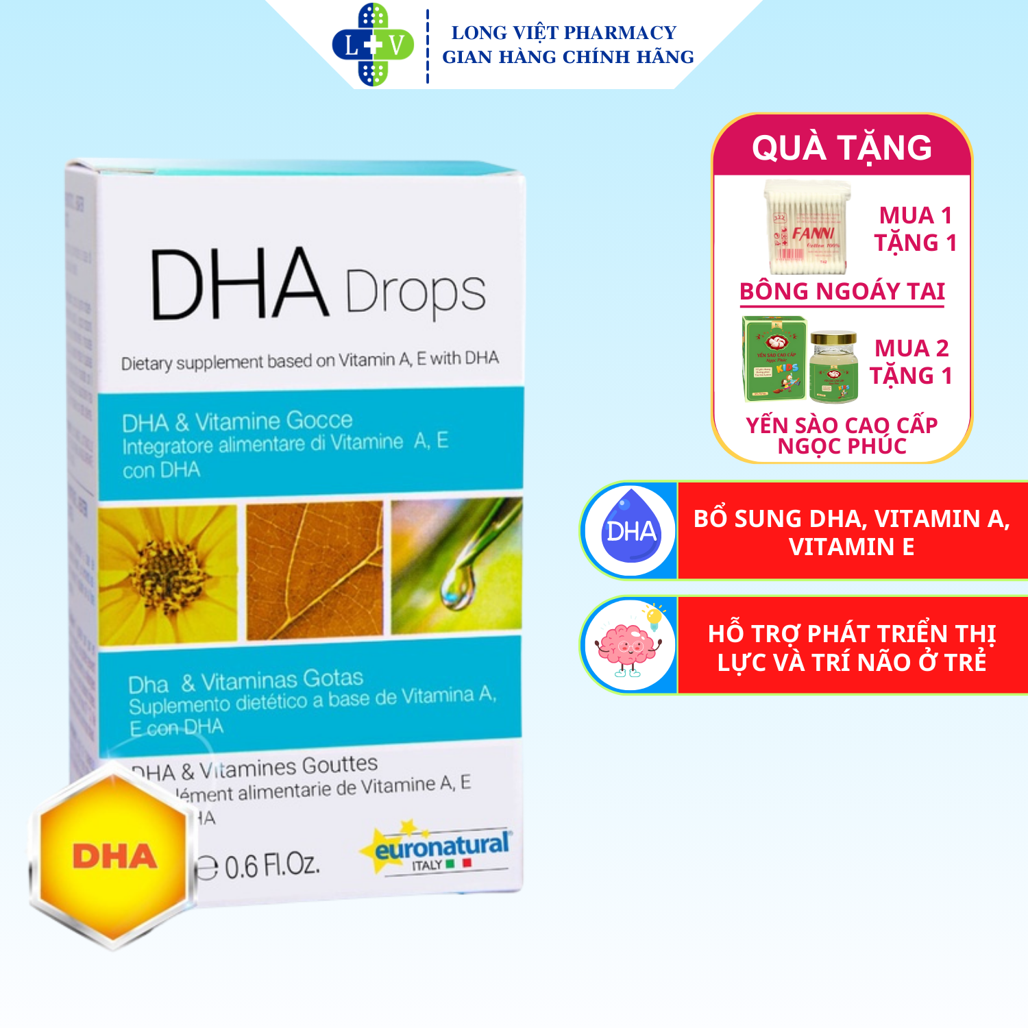Dha drop euronatural không tanh, bổ sung dha giúp trẻ thông minh vượt trội, dạng nhỏ giọt 20ml