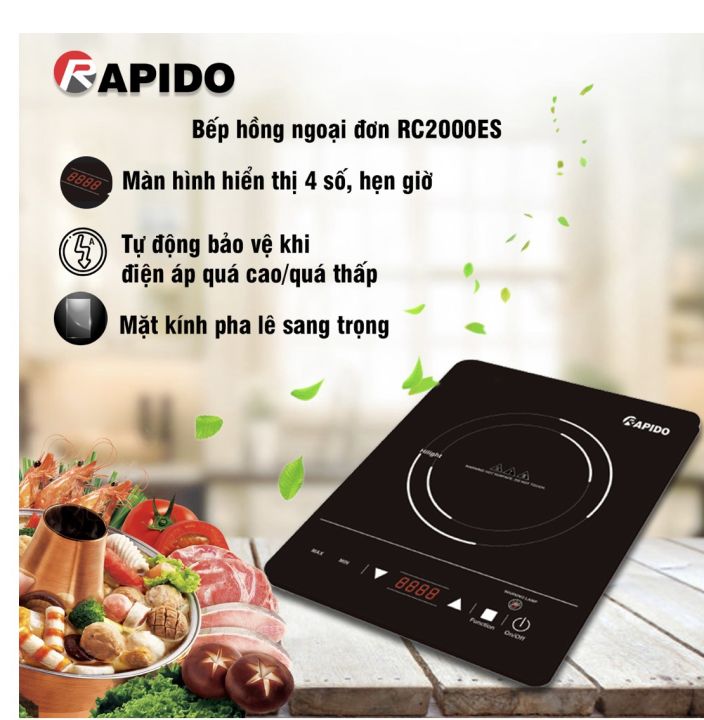 Bếp hồng ngoại đơn rc2000es công suất 2000w, bếp điện hồng ngoại đơn, hẹn giờ tự động bảo vệ khi điện áp quá tải- điều khiển cảm ứng, 8 mức điều chỉnh công suất, nấu nhanh, tiết kiệm điện, không kén nồi, phù hợp mọi gia đình
