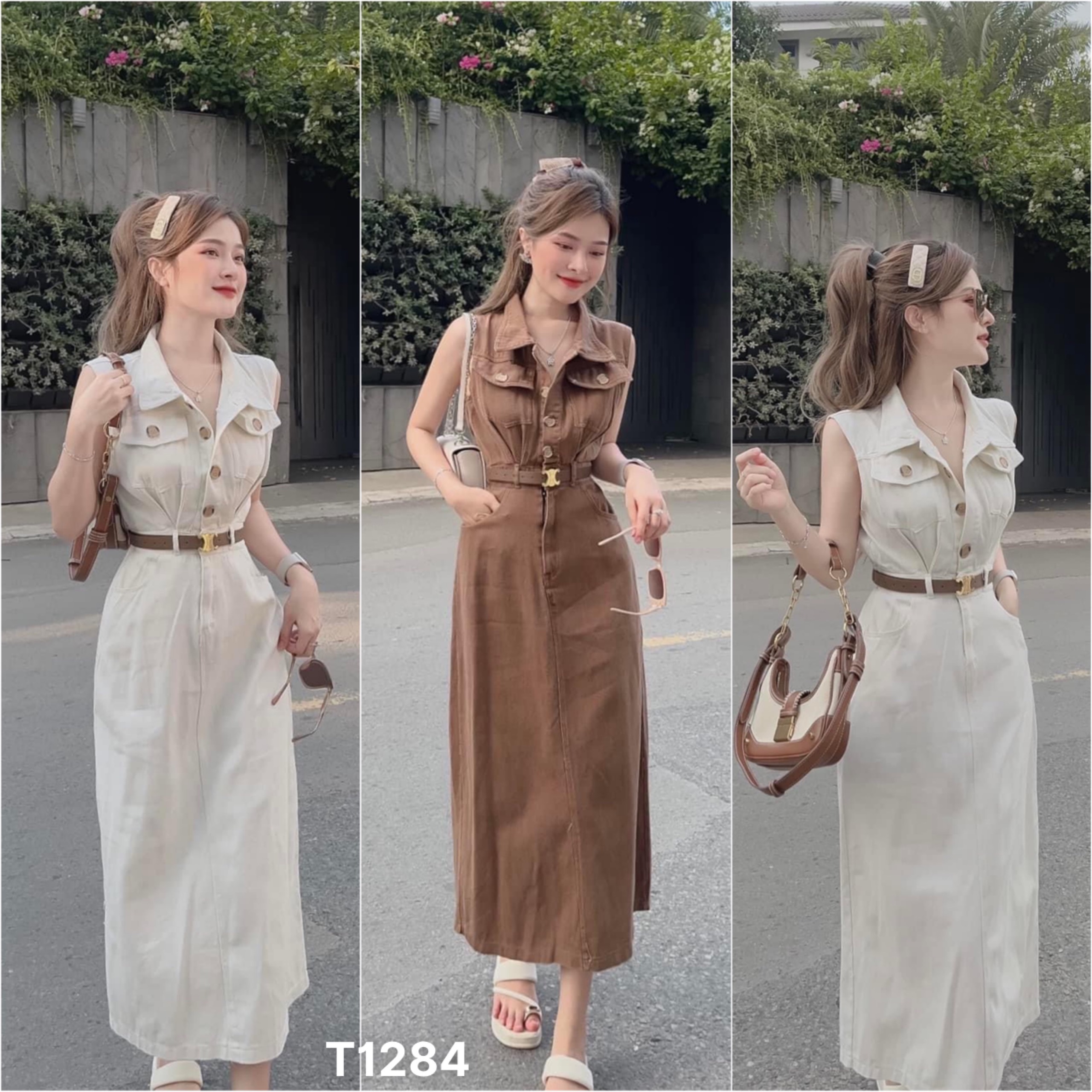 Đầm suông kaki dáng dài cổ sơ mi kèm đai lưng dạo hố công sở T1284