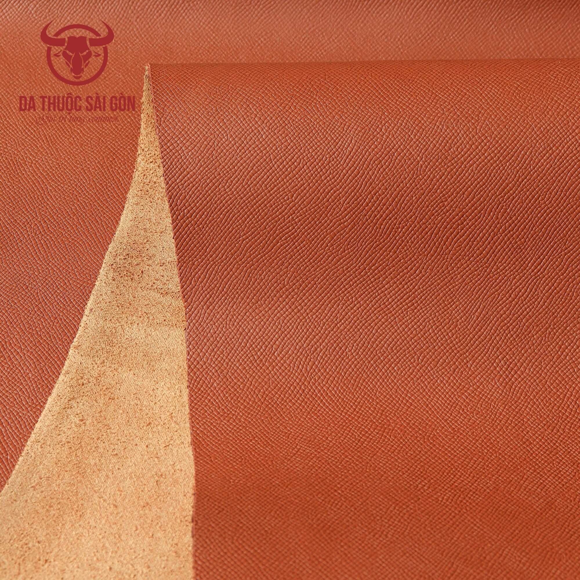Da Epsom cao cấp màu nâu caramel thương hiệu Da Thuộc Sài Gòn chất da đanh dẻo độ dày 1.6 mm - 1.8 mm phù hợp may túi xách ví da giày dép - Bán da bò tấm