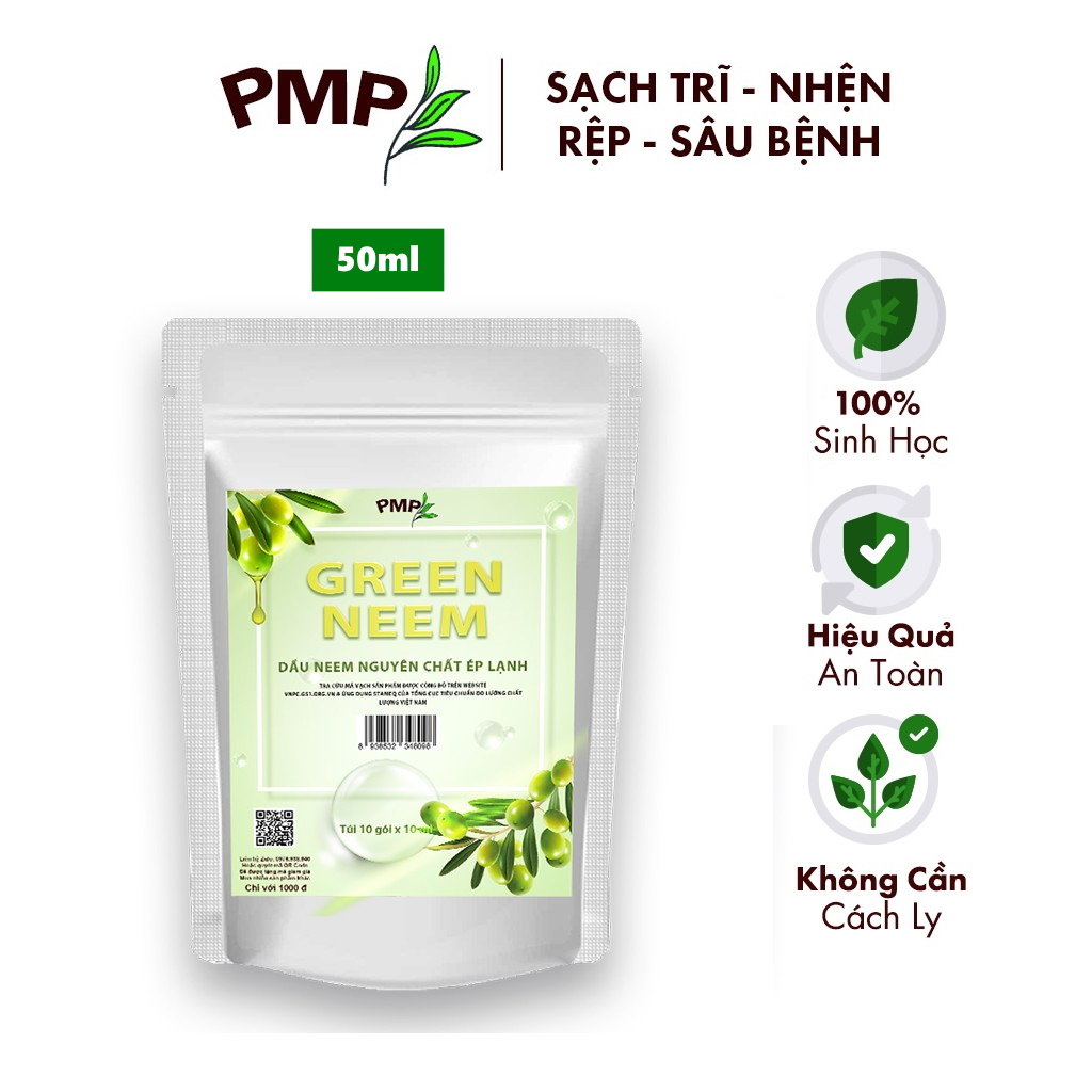 Dầu Neem Oil Hữu Cơ PMP Nguyên Chất Loại Bỏ Trĩ, Rệp, Nhện Đỏ, Nấm, Sâu Bệnh Cho Hoa Hồng, Rau Củ Green Neem 50ml
