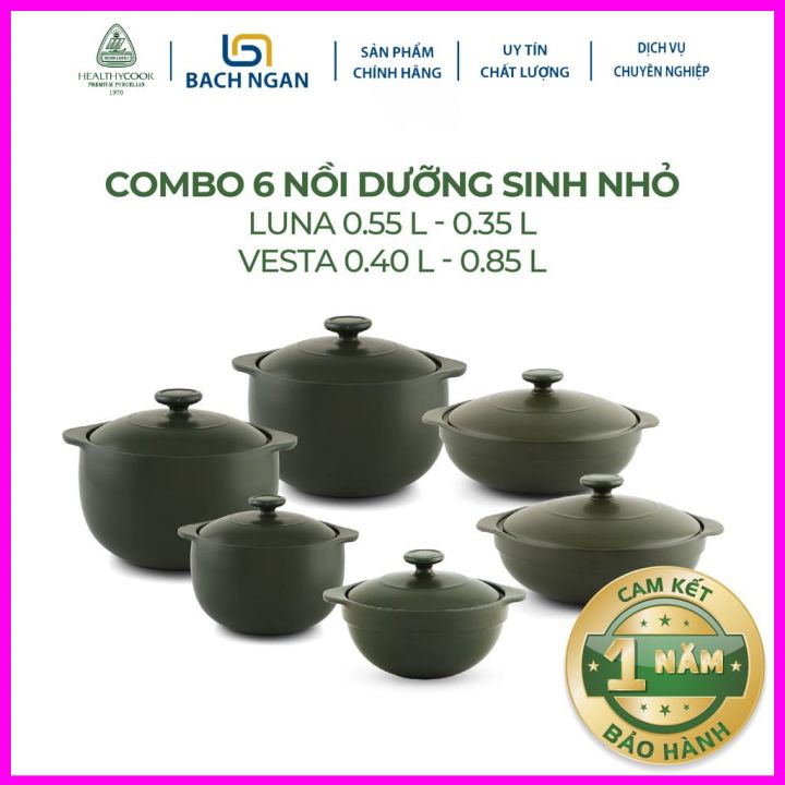 Bộ nồi sứ dưỡng sinh Minh Long gồm 6 nồi nhiều kích thước dùng bếp ga, hồng ngoại, có nắp đậy, tráng men màu sứ xanh rêu, dùng kho cá, hầm cháo - nồi đất