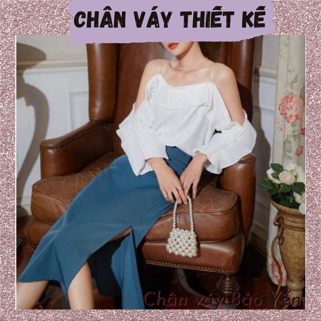Chân váy midi A màu xanh cổ vịt xẻ đùi