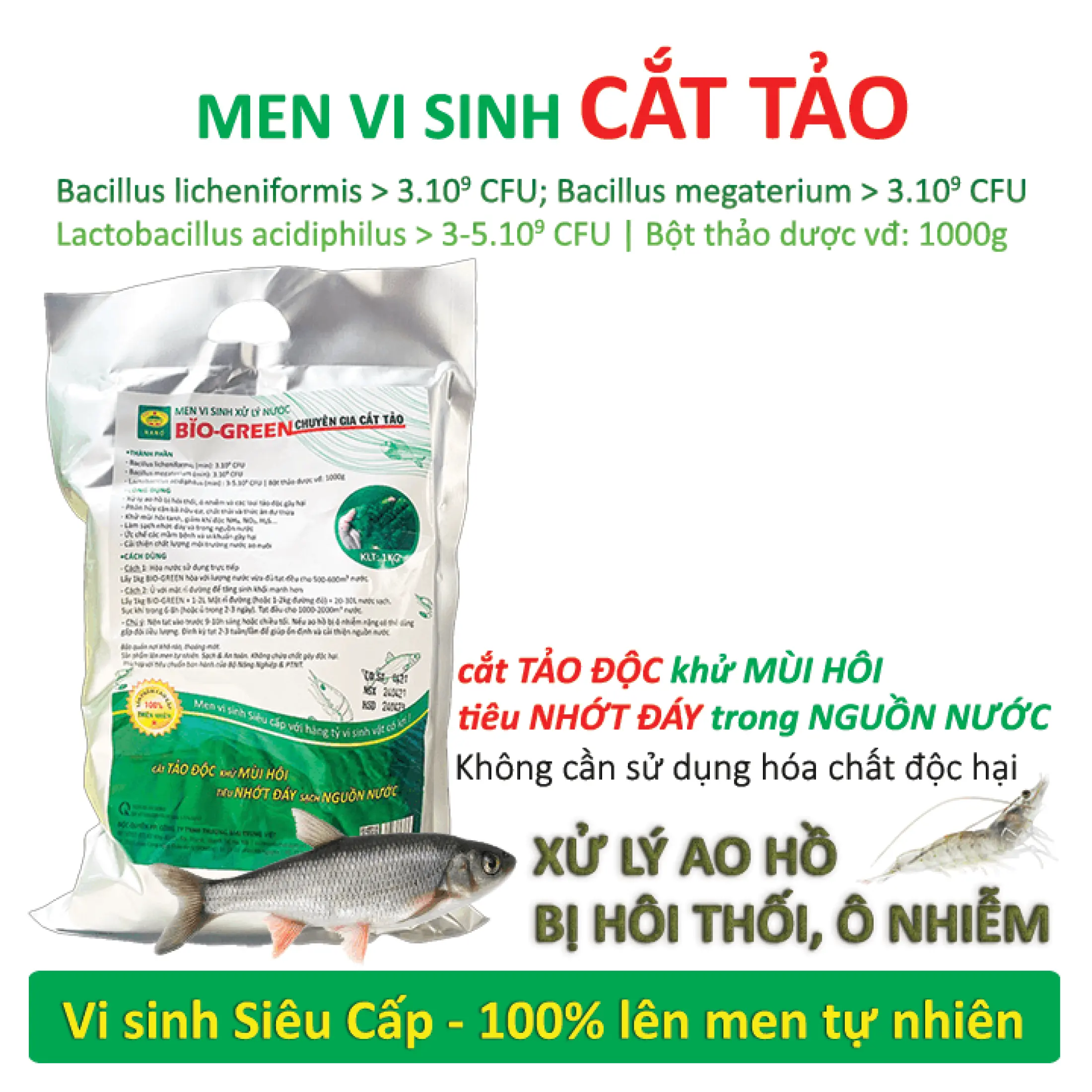 Chế phẩm sinh học Cắt Tảo - Xử lý nước ao hồ nuôi Cá Tôm bị ô nhiễm hôi thối - Phân hủy cặn bã dư thừa - Làm trong, sạch nguồn nước, giảm độ đục - Sản phẩm sạch, lên mên 100% tự nhiên 1
