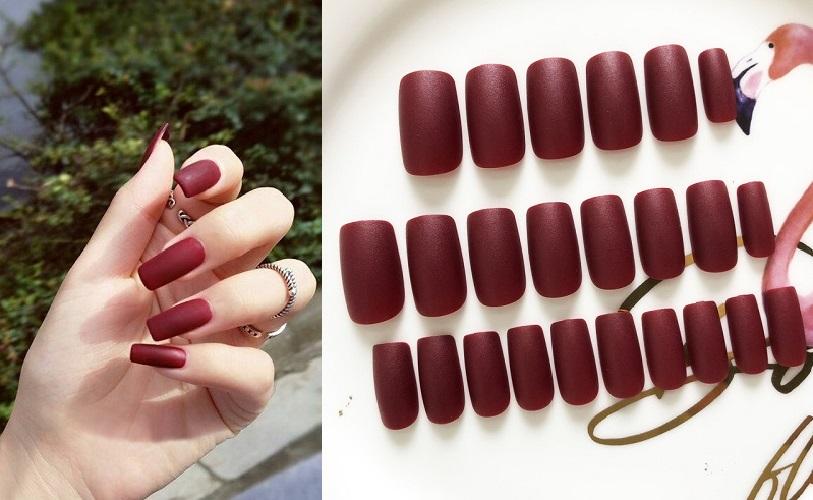 Bộ 24 móng tay giả dài vuông đỏ nhám