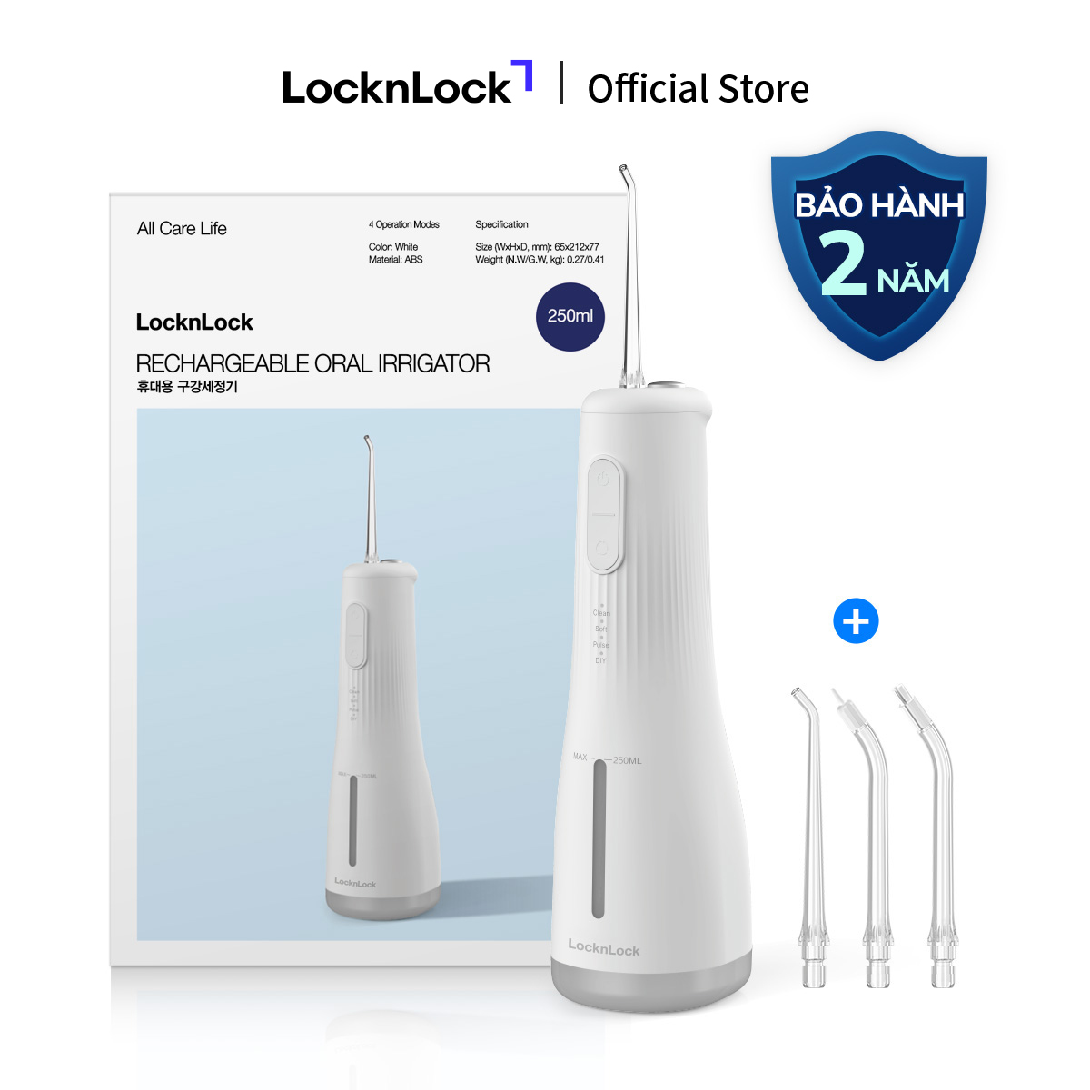 Máy tăm nước LockLock Potable Oral Irrigator ENR154WHT - Công suất 8W - Dung tích bình chứa 250ml - Màu trắng