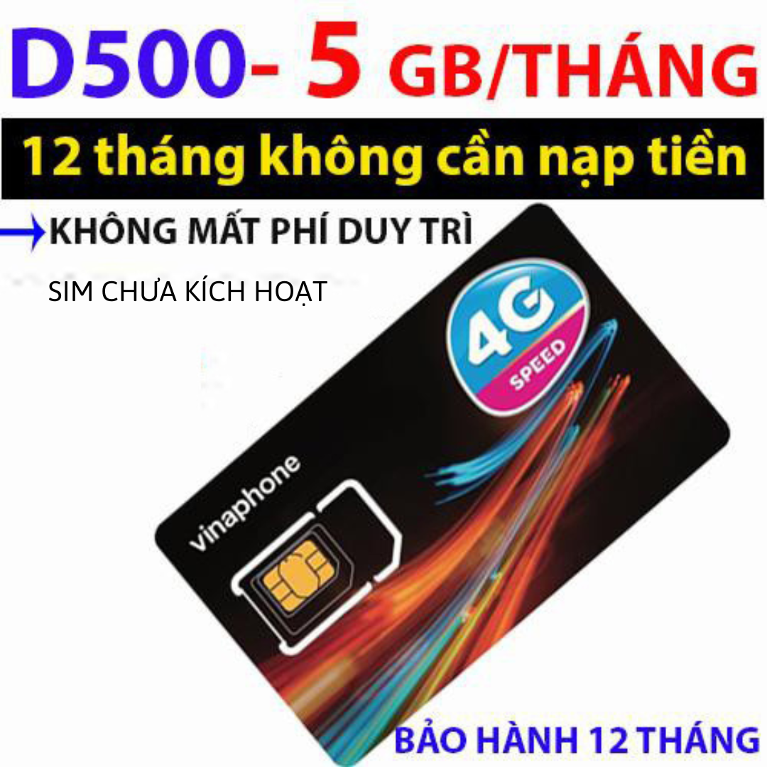 FREESHIP - CHƯA KÍCH HOẠT. SIM 4G VINAPHONE D500 trọn gói 1 năm 5GB mỗi tháng x 12 tháng