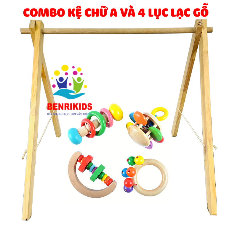 Infant A-type shelf and 4 PCs wooden rattles for newborns multi