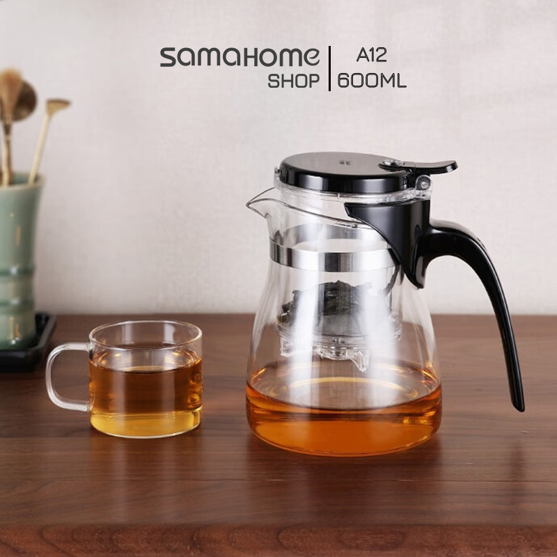 Bình lọc trà chịu nhiệt có van khóa Samadoyo A12 600mL - Ấm trà thủy tinh có lõi lọc trà PC chịu nóng lạnh Samahome Shop