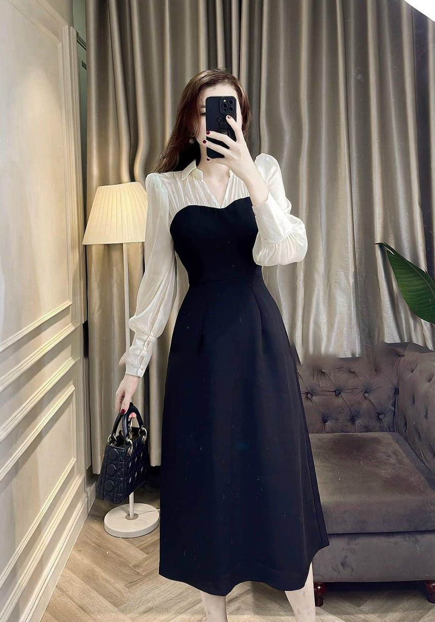 Đầm Nữ voan tay dài thiết kế cổ v thích hợp dự tiệc sang trọng