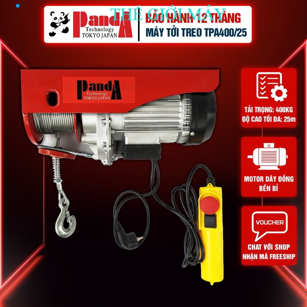 Máy tời treo PANDA TPA400/25, Tải tối đa 400Kg, Dây dài 25m, Chuyên dùng kéo hàng hóa CHÍNH HÃNG thé giới máy