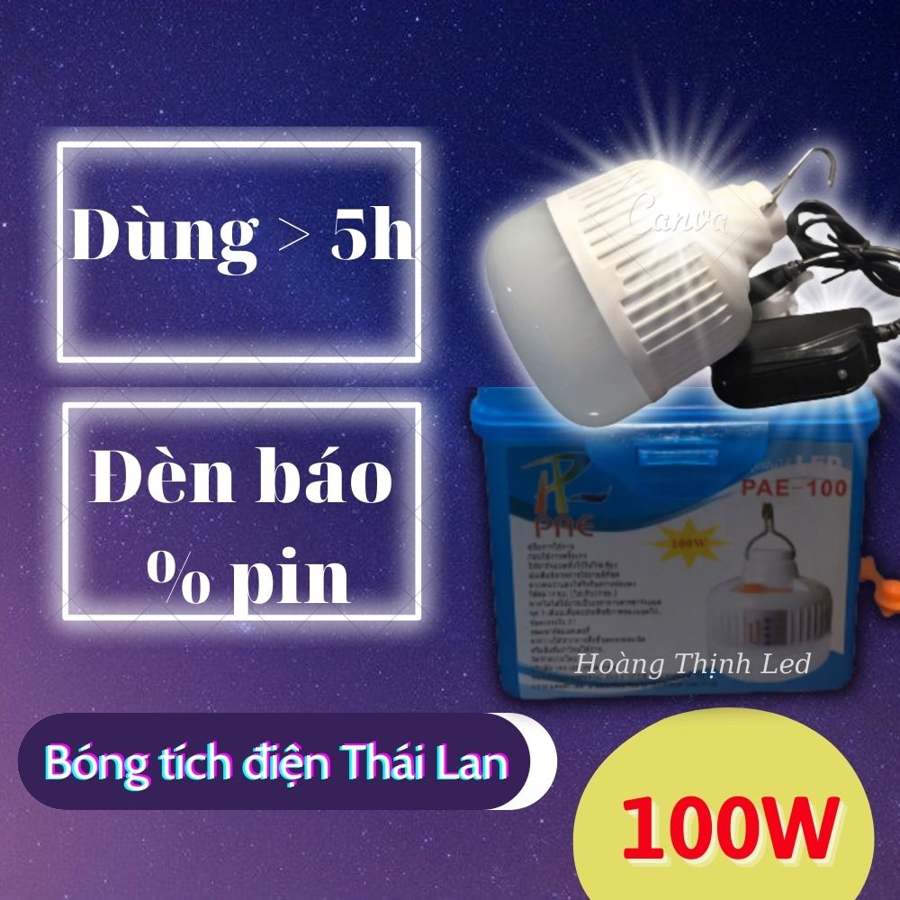 Bóng đèn LED sạc tích điện Thái lan 100W- có đồng hồ đo dung lượng pin- 3 chế độ sáng- có móc treo tiện lợi, dùng được 5-6h/1 lần sạc - Dùng trong gia đình, chợ đêm, cắm trại ngoài trời, bán hàng buổi tối hoặc cúp điện