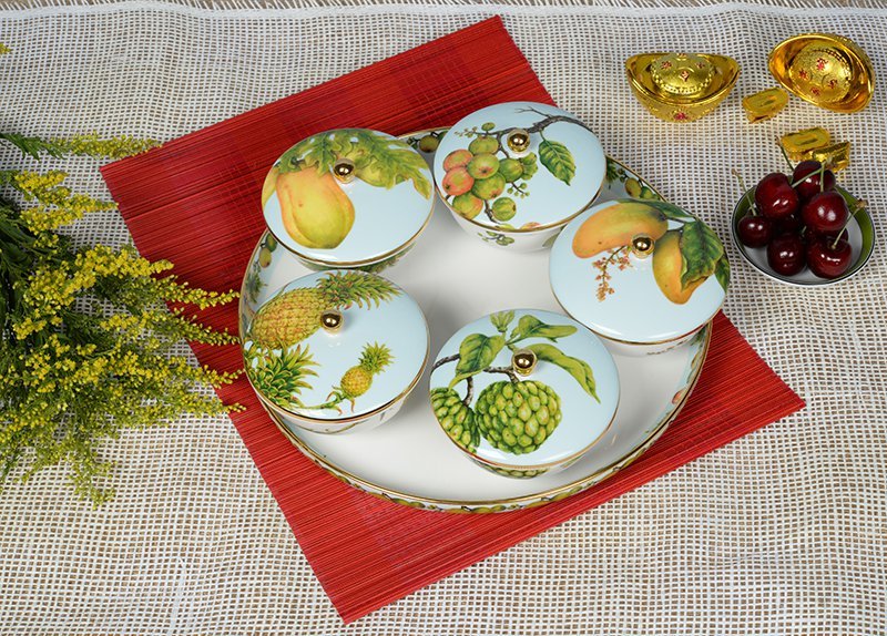 Bộ Khay Đựng Mứt Tết, Bánh Kẹo Hoa Quả Minh Long - Ngũ Quả Dát Vàng 24K bằng sứ đẹp cao cấp, sang trọng, có nắp đậy tiện dụng, tặng quà tết