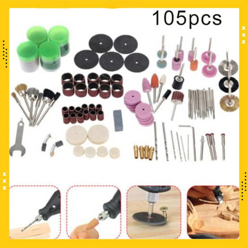 [RẺ VÔ ĐỊCH] Bộ phụ kiện máy khoan điện mini 105 chiếc đa năng dùng quay, mài, đánh bóng gỗ, chất liệu nhựa + kim loại bền bỉ