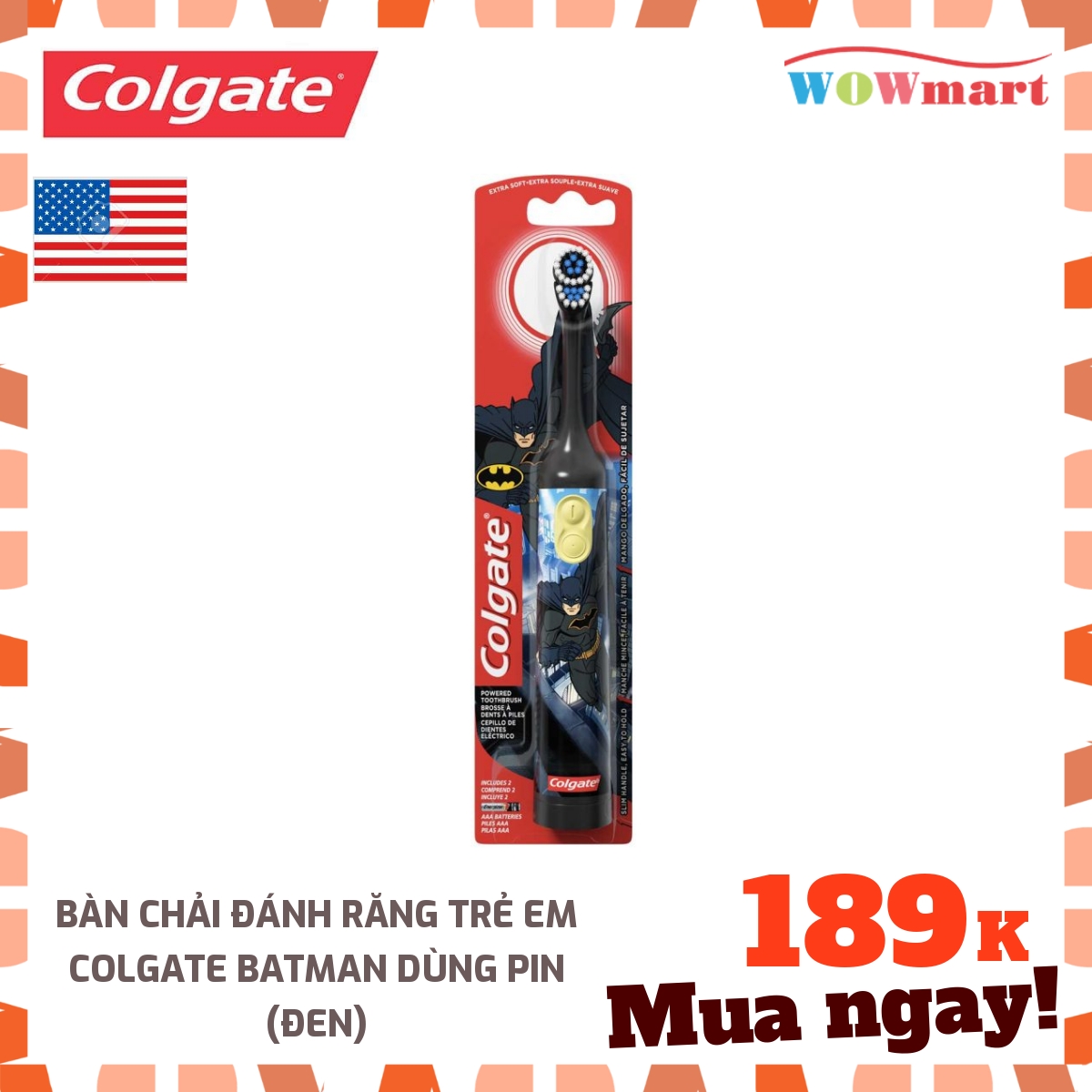 Bàn chải đánh răng trẻ em Colgate Batman dùng pin - MỸ