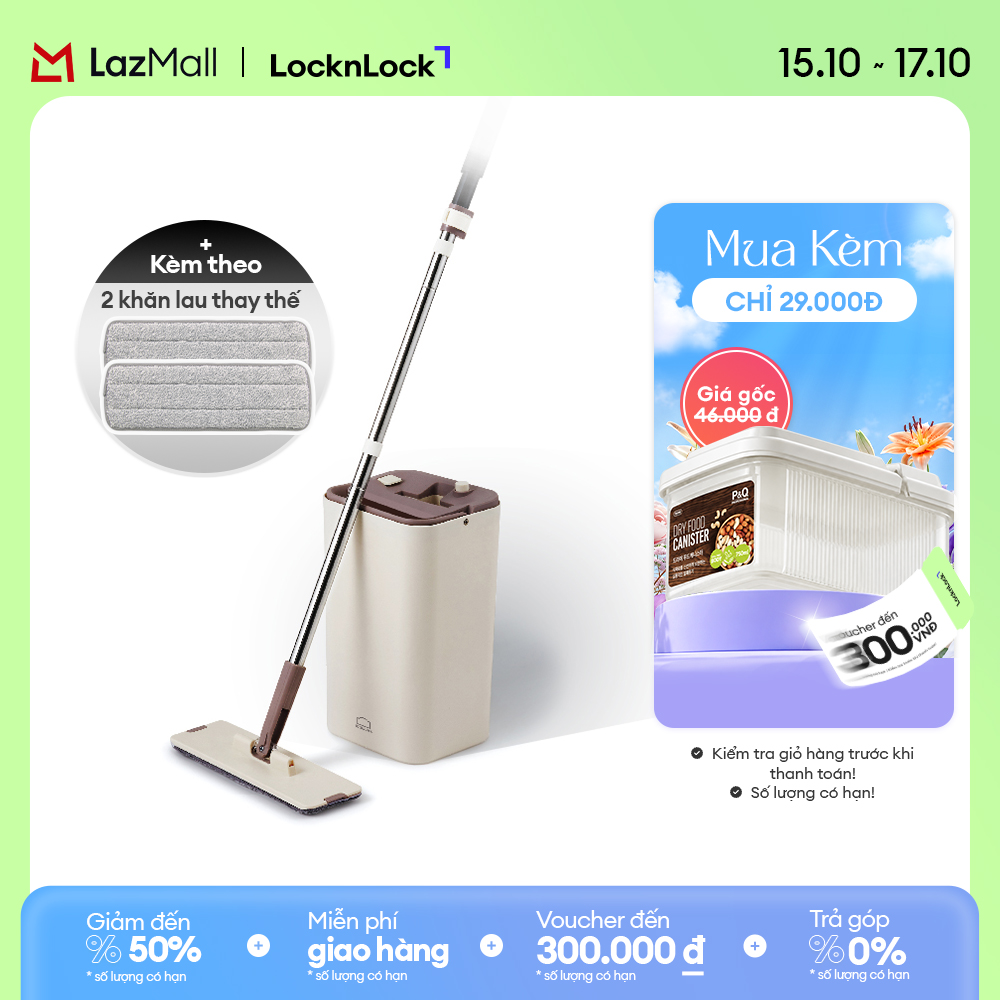 ETM471 - Bộ cây lau nhà Squeeze Flat Mop Lock&Lock - Chất liệu cao cấp trọng lượng nhẹ, lau sạch vắt khô nhanh chóng - Hàng chính hãng