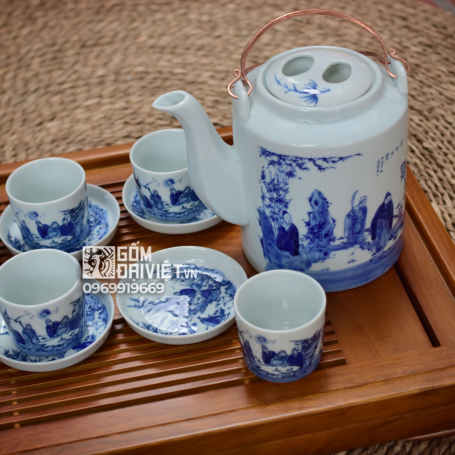 Bộ ấm chén tích uống trà Trúc Lâm Thất Hiền men lam cổ Bát Tràng